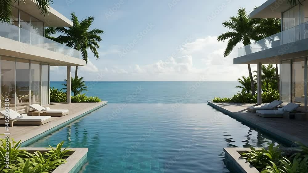 Serene beachfront villas with a luxurious infinity pool overlooking a tranquil ocean at sunrise Serene beachfront villas with a luxurious infinity pool overlooking a tranquil ocean at sunrise
