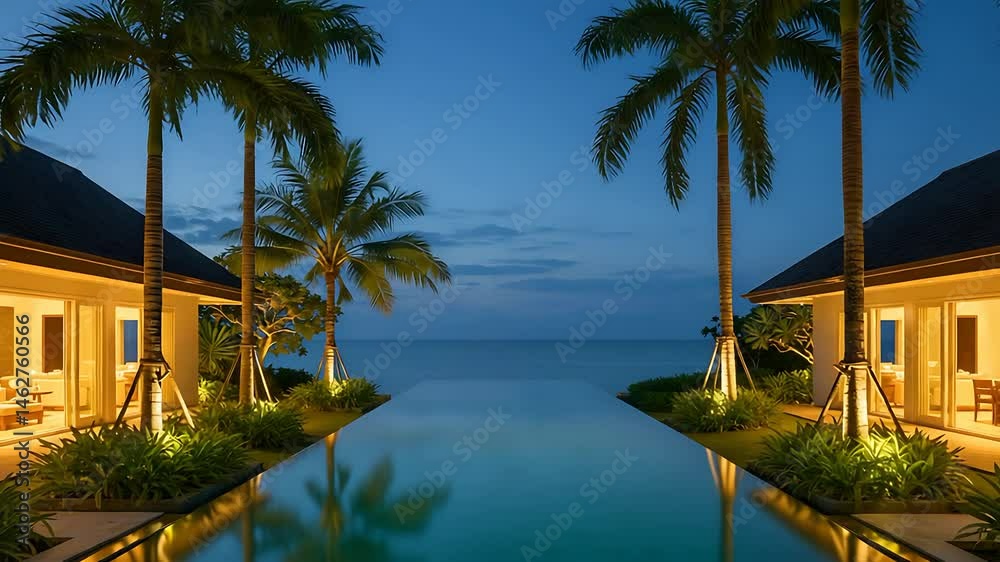 Serene evening at a luxury beachfront villa with a tranquil pool reflecting the sunset