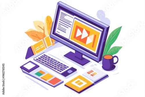 Digital media design workstation with computer screen, keyboard, and media player interface