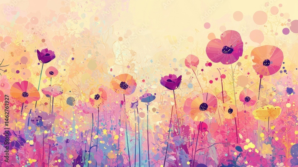 A lush field filled with colorful flowers spreads across the landscape, radiating warmth as the soft light of sunset bathes the scene in golden tones, creating a tranquil setting A lush field filled with colorful flowers spreads across the landscape, radiating warmth as the soft light of sunset bathes the scene in golden tones, creating a tranquil setting