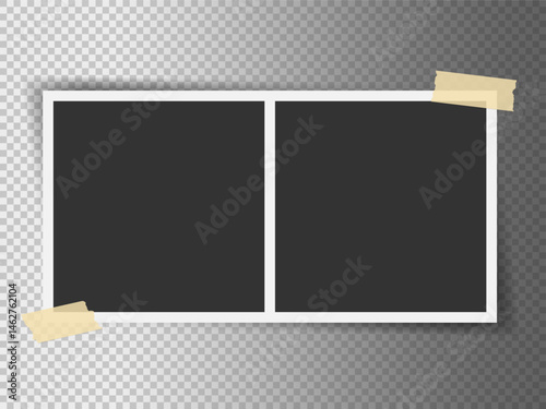 Double photo frame vector mockup with adhesive tape. Photo frame isolated on transparent background. Realistic shadow. Minimal style. Template for photo collage, portfolio, blog post, memory album