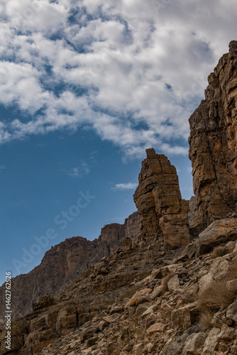 Oman, 03-06-2025: peak and rocks formations on the road to Jebel Al Harim (Jabal Al Harim), the highest mountain (2,087 metres), located in the  Hajar Mountains range, of the Musandam Peninsula