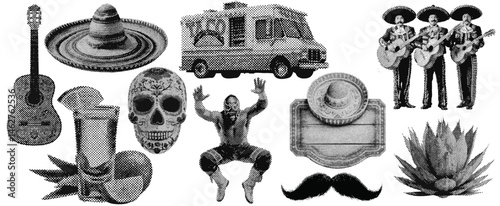 Set of mexican cinco de mayo halftone grunge vector design elements