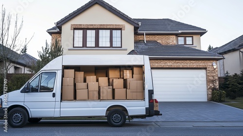 Moving Van Packed with Cardboard Boxes in Front of a New House Residential Relocation Moving Day Home Delivery Service truck cargo