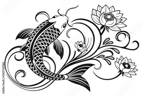 66 Intricate black and white illustration, koi fish, lotus flowers, swirling waves, Japanese-inspired design, ornate patterns, flowing lines, detailed scales, underwater motif, floral elements, organi
