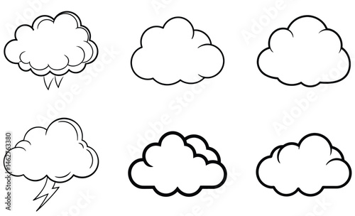A collection of six different cloud illustrations in a simple black and white comic book style for graphic design