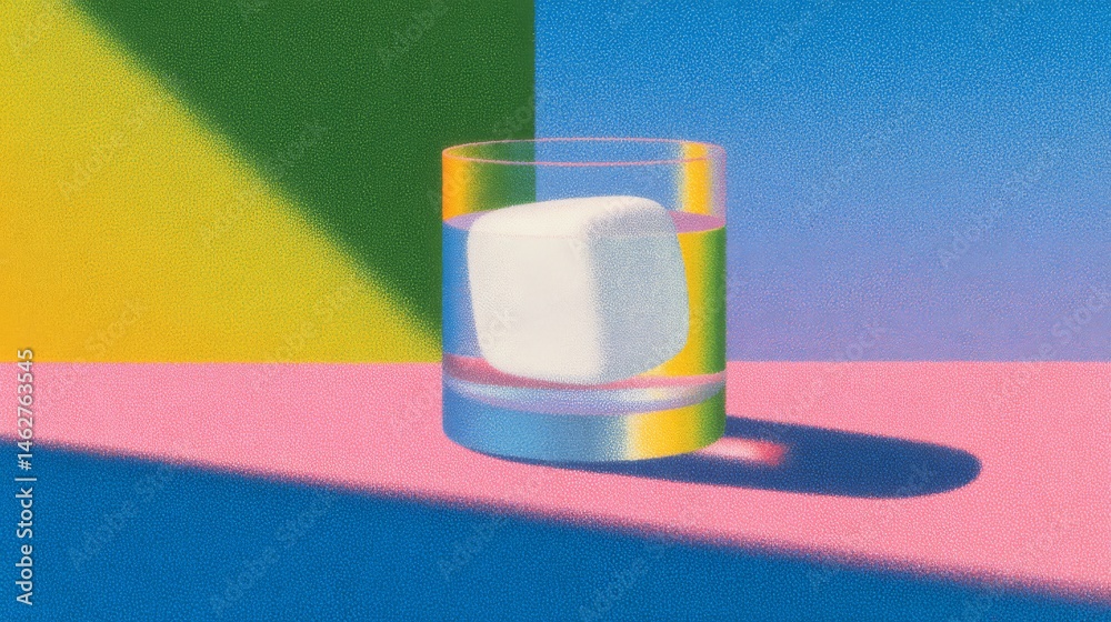 close-up of a glass of water with melting ice cube and copy space.