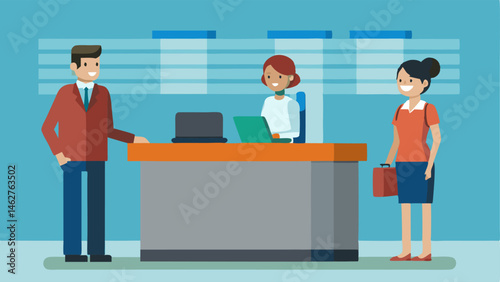 A sleek and modern information desk with friendly staff ready to assist travelers with any questions or concerns.