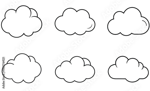 Collection of simple black and white cloud illustrations for design weather and climate concepts.