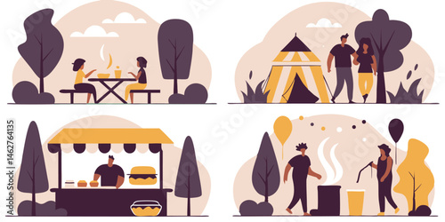camping, outdoor adventure, camping site, outdoor cooking, campfire, tent, wildlife, forest, trees, nature, landscape, illustration, flat design, minimalist, colorful
