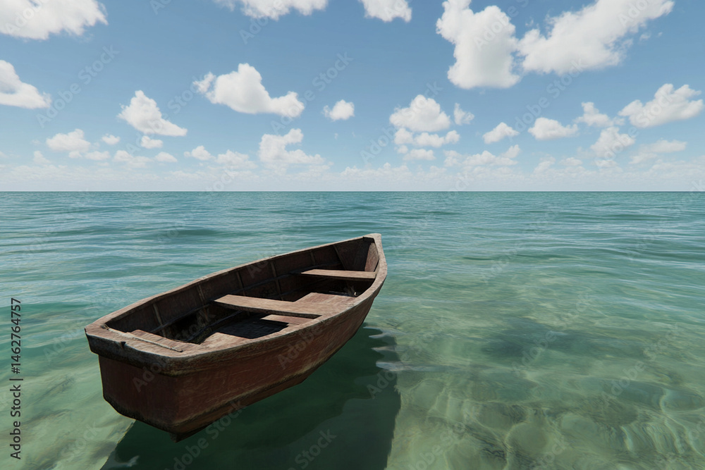 Naklejka premium Tiny boat adrift in expansive, calm ocean waters under a bright blue sky with fluffy clouds