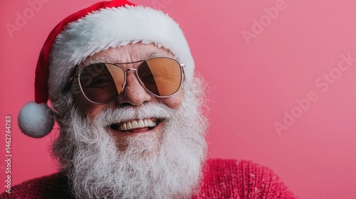 A joyful Santa Claus wearing sunglasses and a red festive hat smiles broadly, exuding cheerfulness against a vibrant pink backdrop during holiday celebrations