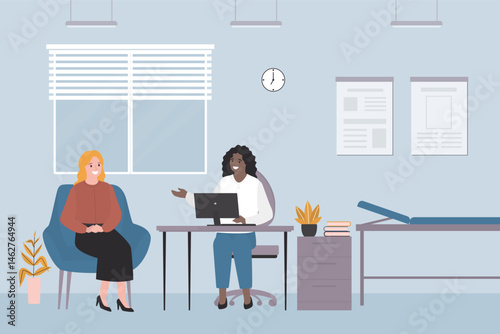 Young woman sought medical help. Reception of doctor, therapist, narrow specialist. Clinic room interior. Physician consults patient, diagnoses, prescribes treatment.