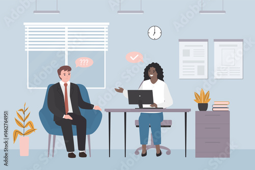 Young sick man sought medical help. Reception of doctor, therapist, narrow specialist. Clinic room interior. Physician consults patient, diagnosis, prescribes treatment