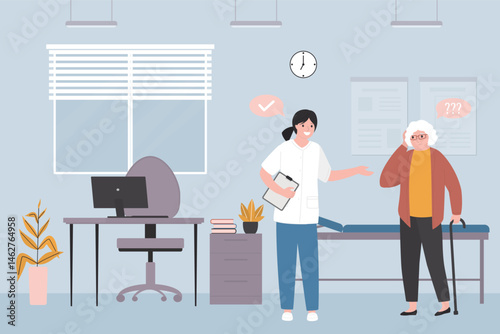 Elderly woman sought medical help. Reception of geriatric doctor, therapist, narrow specialist. Clinic room interior. Physician consults patient, diagnoses, prescribes treatment.
