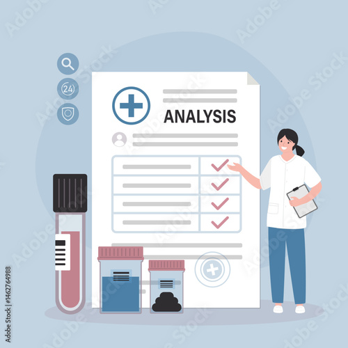 Stool, blood and urine test tubes. Woman lab worker. Medical form with results data. Laboratory containers with excrement and pee. Paper document, research, medical analysis