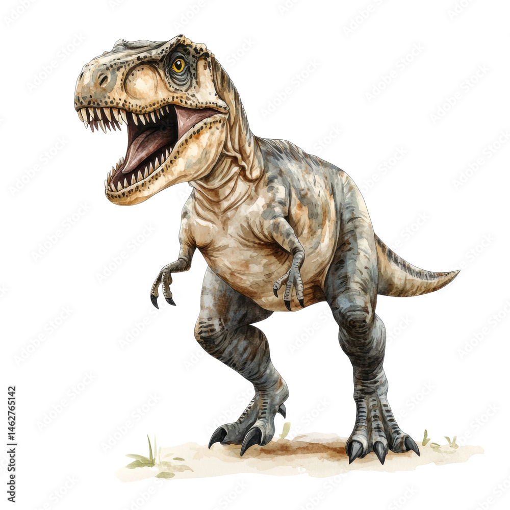 Ferocious tyrannosaurus rex with open mouth in prehistoric landscape, cut out - stock png. Ferocious tyrannosaurus rex with open mouth in prehistoric landscape, cut out - stock png.