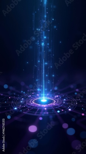 A glowing digital beam emerges from a circular portal with shimmering blue particles and purple bokeh in a deep futuristic space.