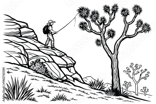 68 Black and white illustration, Joshua tree, lone figure fishing from cliff, minimalist style, pen and ink drawing, rugged rocky landscape, sparse vegetation, surreal scene, contrast between nature a