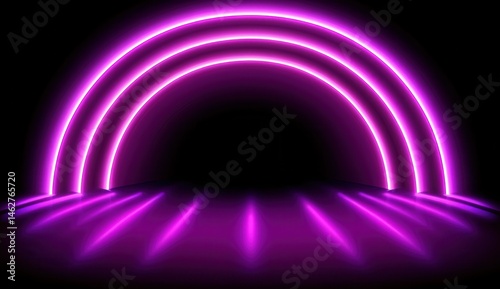 Neon pink arches on black background, glowing tunnel effect