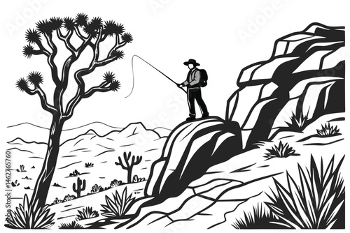 68 Black and white illustration, Joshua tree, lone figure fishing from cliff, minimalist style, pen and ink drawing, rugged rocky landscape, sparse vegetation, surreal scene, contrast between nature a
