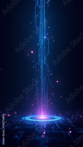 A sharp blue energy beam bursts from a circuit platform in a dark sci-fi space, surrounded by glowing digital elements