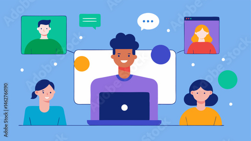 Shared Digital Collaboration A remote work scene showing a video call with participants of different abilities on screen. Visual tools like captioning and visual cues ensure