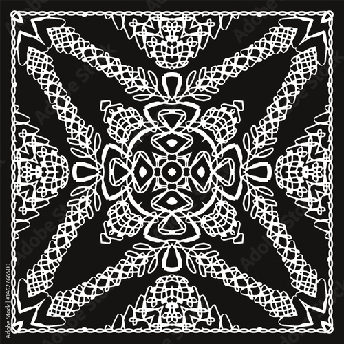 Monochrome outline pattern for bandana, neckerchief, tablecloth or other. Black and white palette. Vector illustration