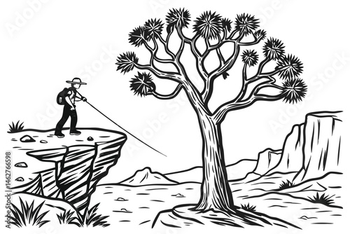 68 Black and white illustration, Joshua tree, lone figure fishing from cliff, minimalist style, pen and ink drawing, rugged rocky landscape, sparse vegetation, surreal scene, contrast between nature a