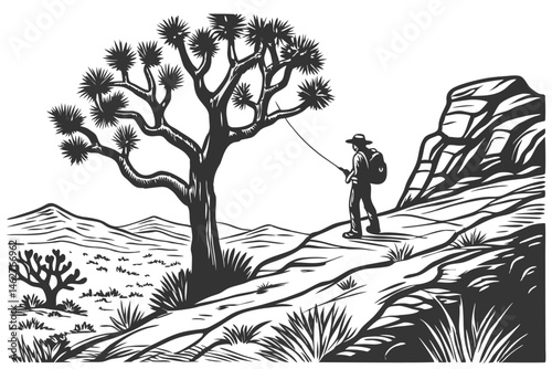 68 Black and white illustration, Joshua tree, lone figure fishing from cliff, minimalist style, pen and ink drawing, rugged rocky landscape, sparse vegetation, surreal scene, contrast between nature a