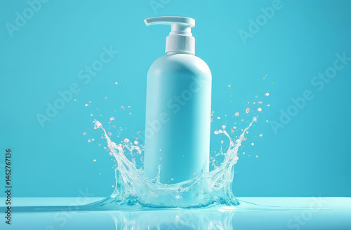 White bottle with dispenser on blue background with splashes and splashes of liquid. Jar of dishwashing liquid. White shampoo dispenser.