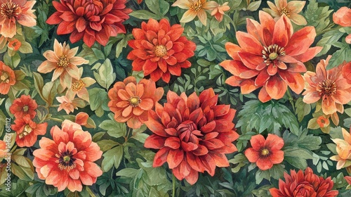 Wallpaper Mural A stunning arrangement of dahlias and other flowers displays vibrant orange and red hues among rich green leaves, creating a lively and inviting atmosphere Torontodigital.ca