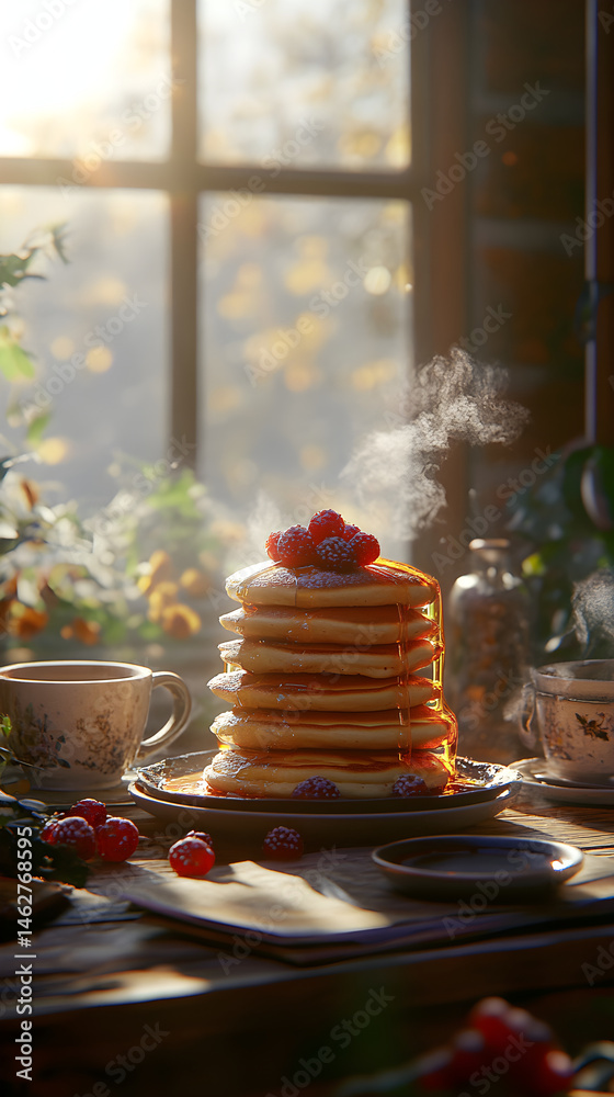 Fototapeta premium A Serene Morning Pancake Breakfast with Fresh Berries and Aromatic Coffee