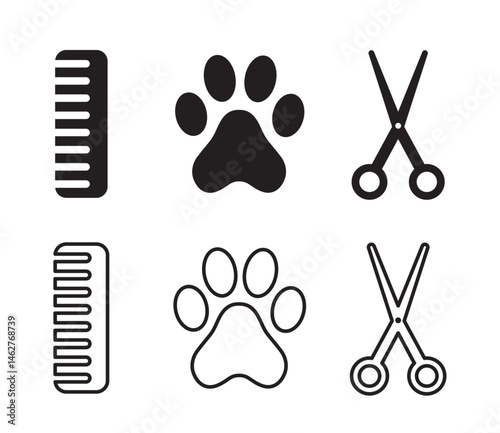 set of Pet Grooming Vector Icons transparent png Dog Paw, Scissor, and Comb Symbols for Animal Care, Grooming Services, Pet Salons, Dog Grooming, Animal Grooming, Pet Care, and Veterinary Services
