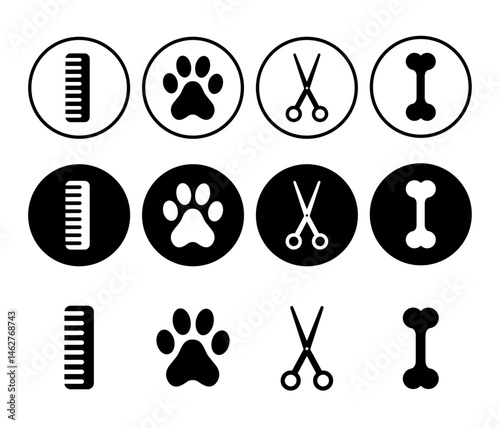 set of Pet Grooming Vector Icons transparent png Dog Paw, Scissor, and Comb Symbols for Animal Care, Grooming Services, Pet Salons, Dog Grooming, Animal Grooming, Pet Care, and Veterinary Services