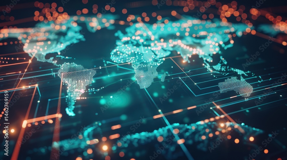 Obraz premium Digital world map with glowing data points, representing global connectivity and technology.