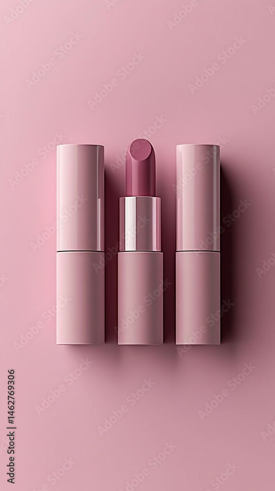 Stylish pink lipstick packaging arranged on a soft pink background, showcasing beauty products Stylish pink lipstick packaging arranged on a soft pink background, showcasing beauty products