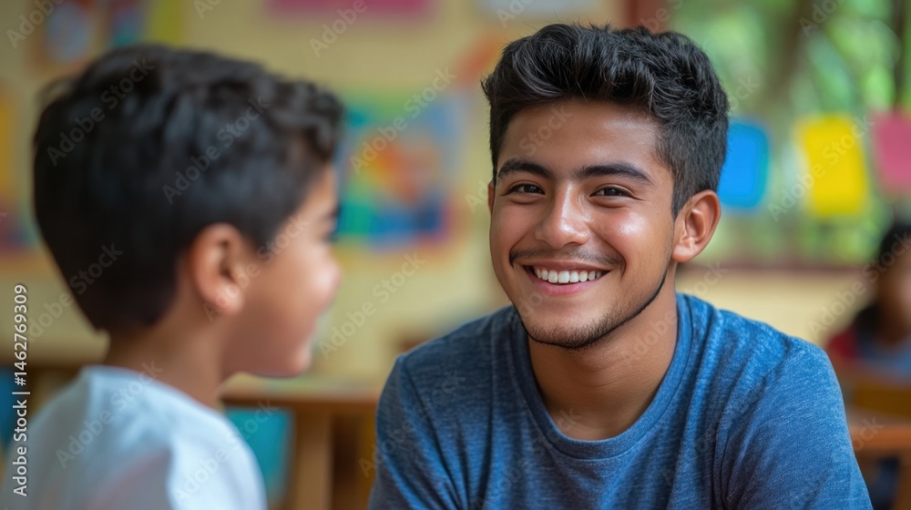 Young Hispanic man smiling at a child in a colorful classroom setting.