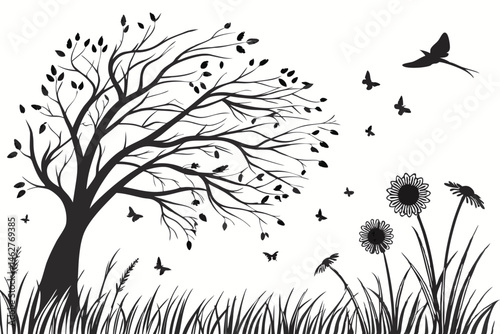 70 Black and white nature silhouettes, tree with bare branches, tall grass, wildflowers, butterflies, dragonflies, flying birds, dandelions, peaceful meadow scene, minimalist design, serene landscape,