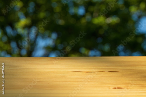 Empty wooden table with blurred green nature background
