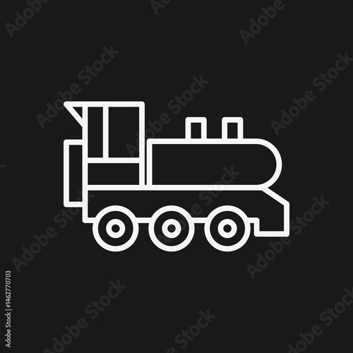 White Outline Icon of a Steam Locomotive on Black Background  Vintage Train, Rail Transport, and Historical Vehicle