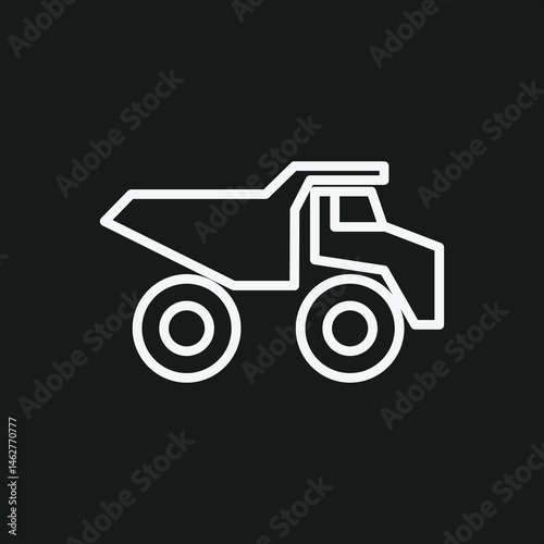 White Outline Icon of a Tipper Truck on Black Background Construction, Mining, and Heavy Transport Vehicle