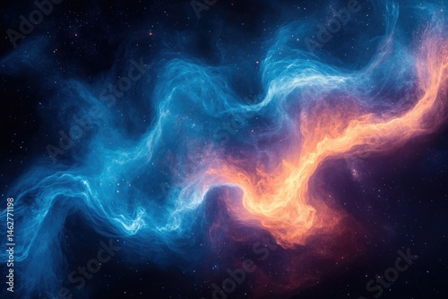 A mesmerizing cosmic nebula with swirling blue and orange clouds of gas and dust in deep space.