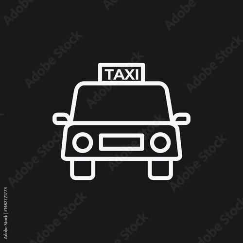 White Outline Icon of a Taxi Car Public Transportation, Ride Service, and Urban Vehicle Symbol on Black Background
