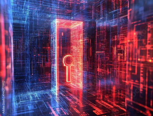 Abstract representation of secure digital gateway with glowing neon key access