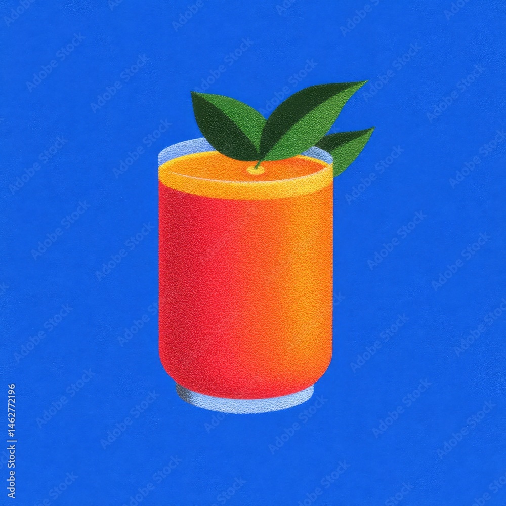 Orange juice in a glass with a slice of orange and a sprig of mint.