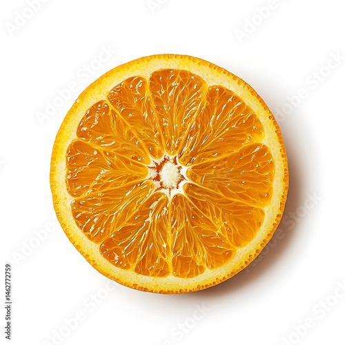 A close up shot of a sliced orange showing the juicy segments and the white center core