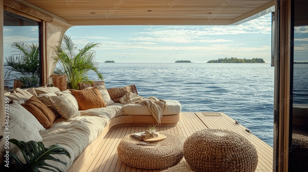 Fototapeta premium Luxurious outdoor seating area overlooking a tranquil ocean view
