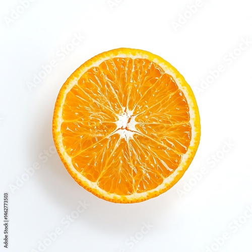 A single half cut orange fruit with its juicy pulp visible on a white background