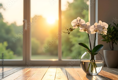 Scene Composition: A minimalist living room with large windows and wooden floor; a single, golden sunrise beams through the panes, creating a warm, golden glow; incorporating negative space around a p photo